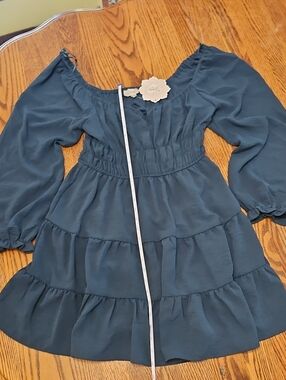 indulge Teal Tiered Long-Sleeve Smocked-Waist Dress